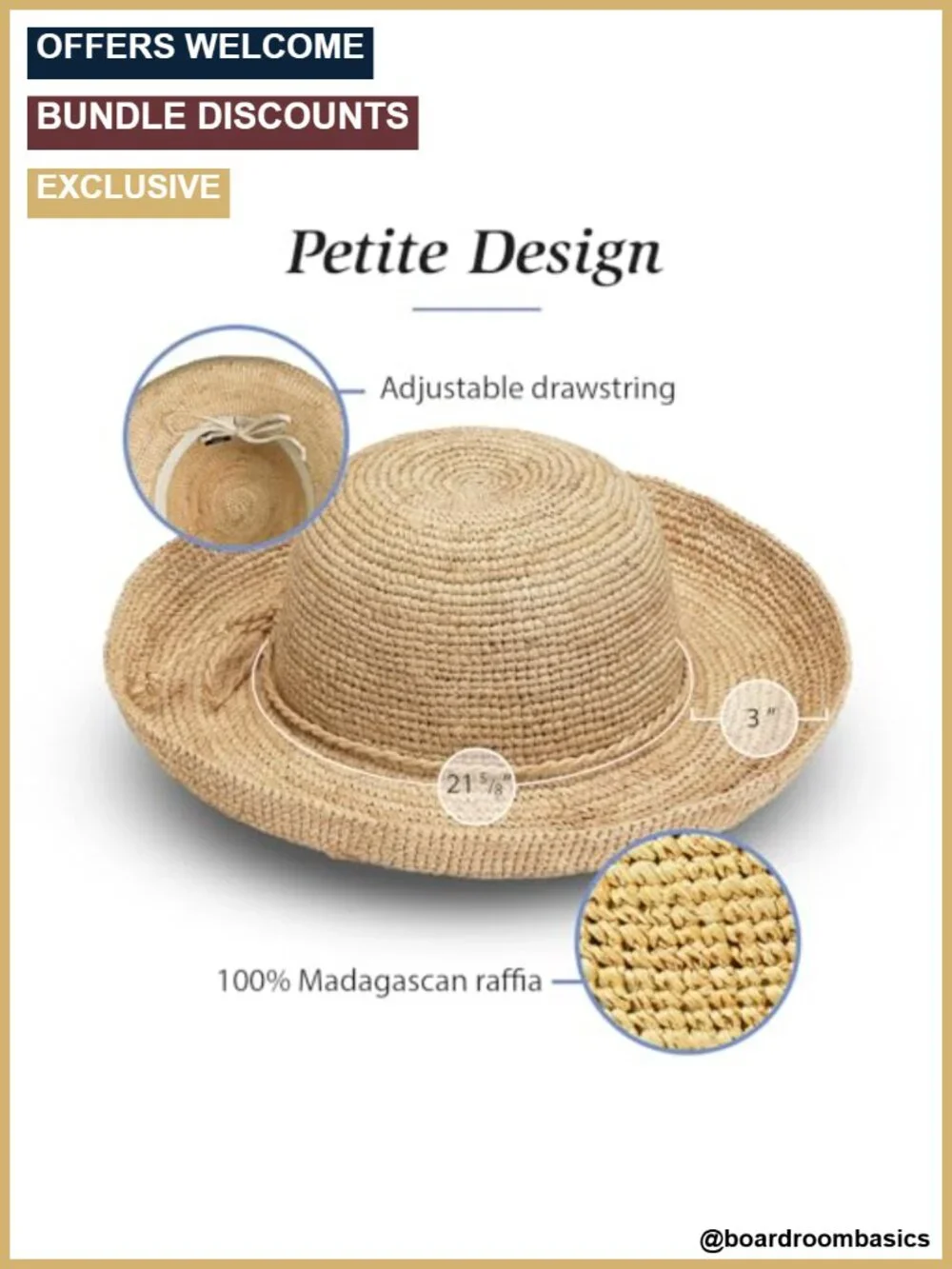 Women's Wide Brim Sun Hat, Natural Raffia & Straw, Adjustable